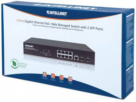 Egy Intellinet 8 portos Gigabit Ethernet PoE+ webes menedzselhető switch doboza, amely 2 SFP porttal rendelkezik és kiemeli energiahatékonyságát.
