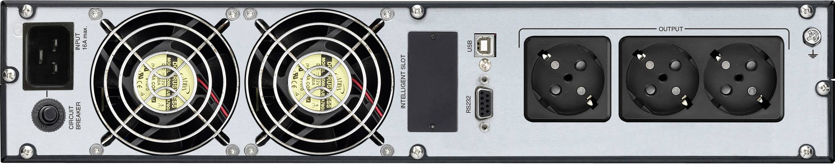 Egy szerver-tápegység hátoldala két ventilátorral, három európai típusú csatlakozóaljzattal és különböző tápellátási csatlakozókkal.