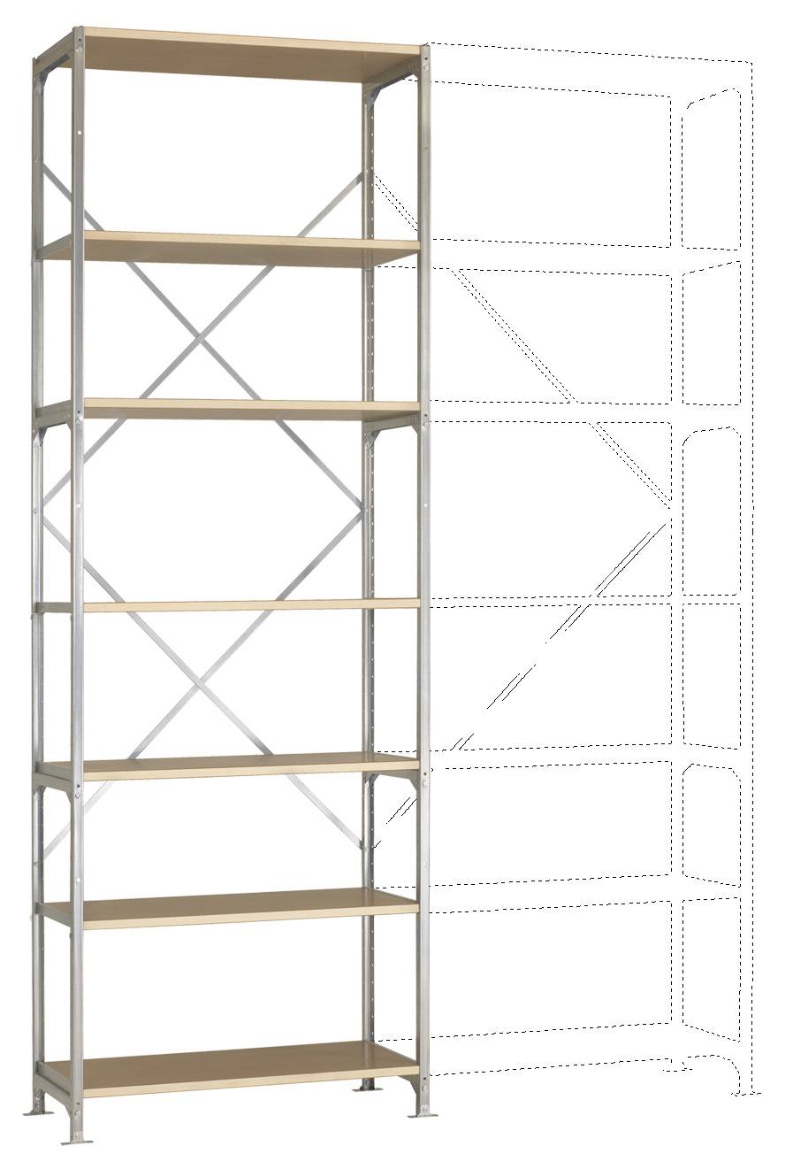 Fémállvány hat fa polccal. Mellette jobbra az állvány szerkezetének szaggatott vonalas illusztrációja.