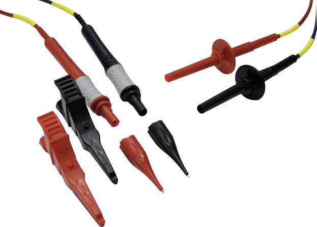 Mérőhegyek szett piros és fekete mérőhegyekkel és fogókkal, elektromos kapcsolatok teszteléséhez használva.