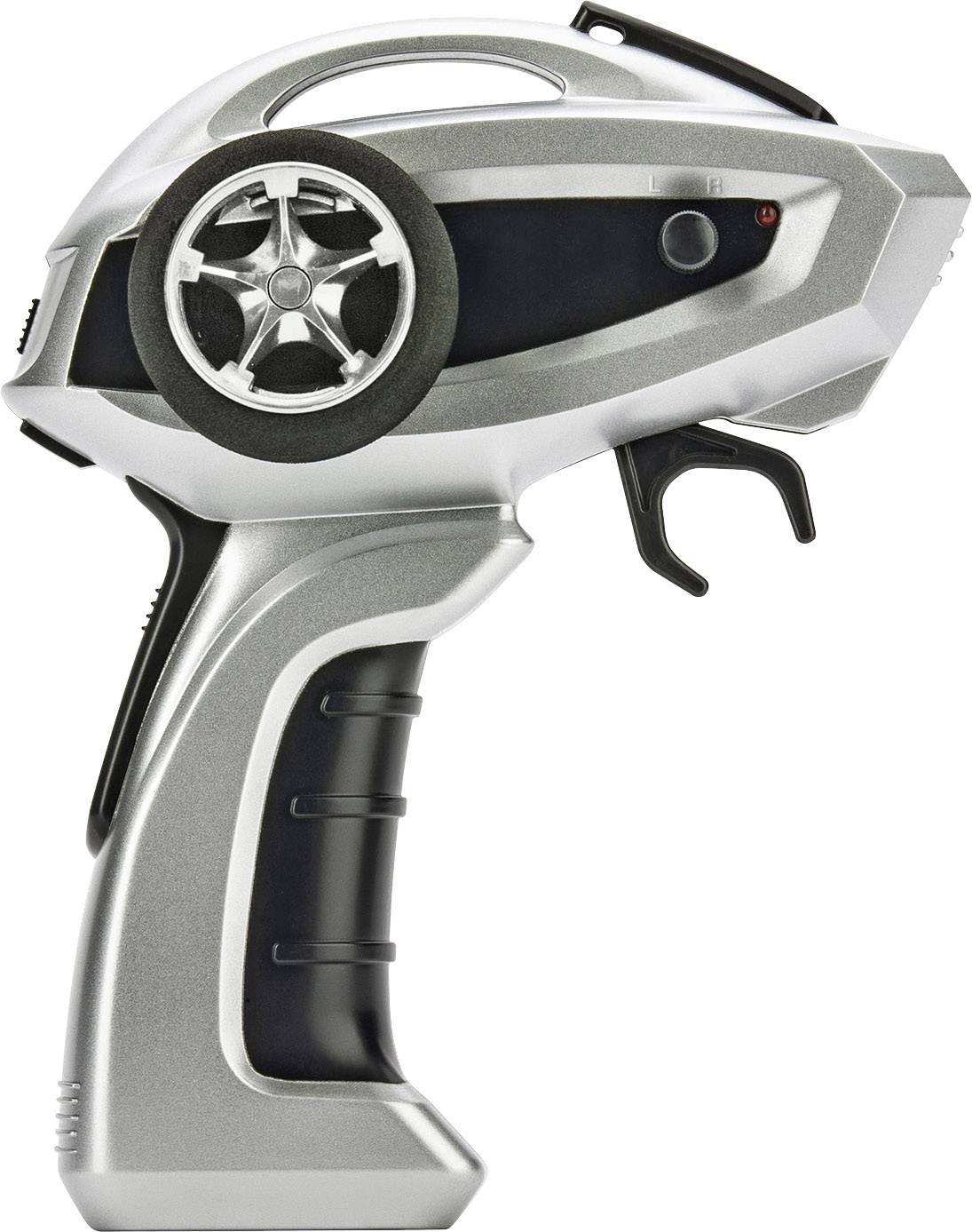 Egy ezüstszínű távirányító fekete fogantyúval és levehető antennával, amelyen egy kerek vezérlőgomb és kioldógomb látható.