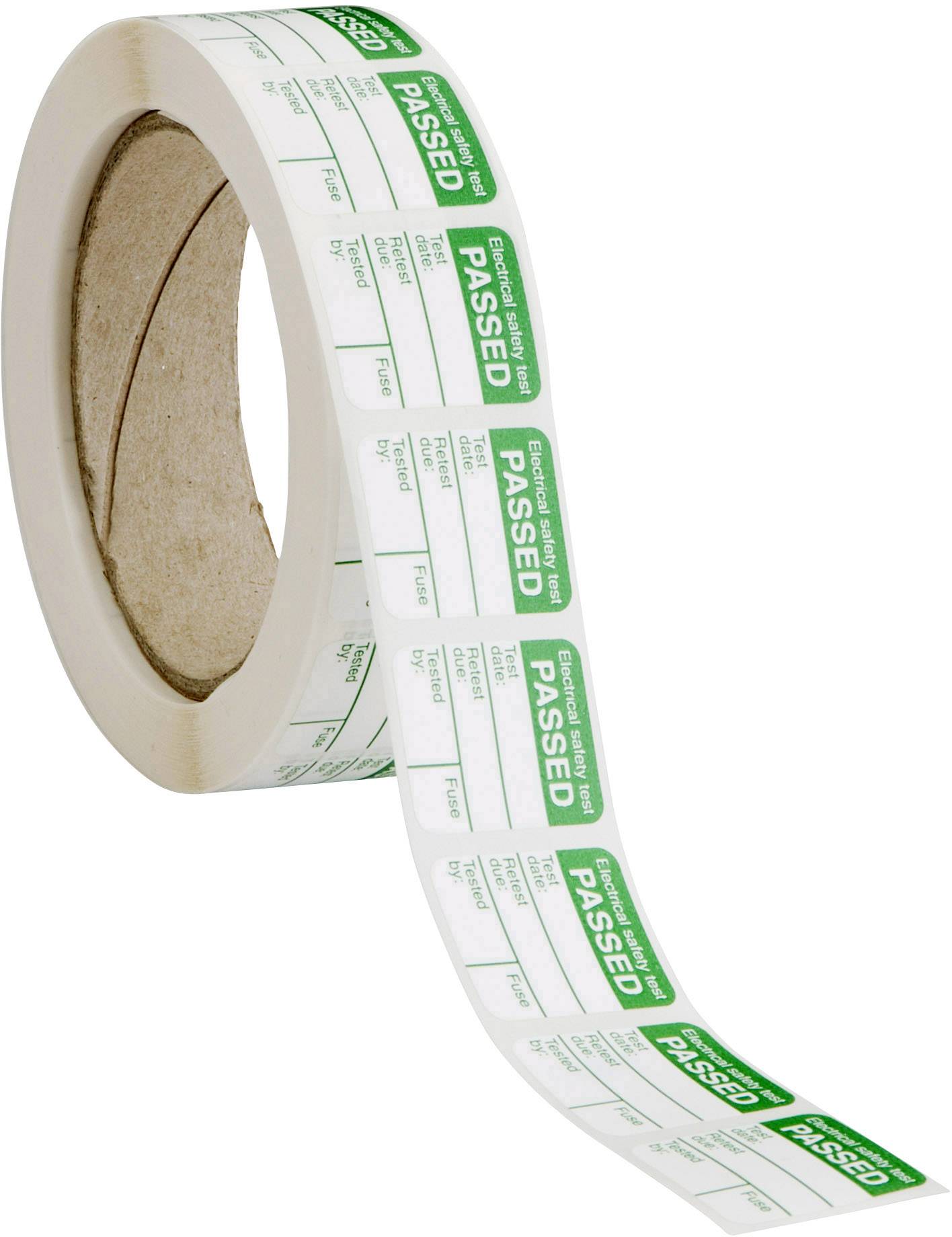 Egy tekercsnyi címke, amelyek zöld színű 'PAT Teszt Sikeres' feliratot mutatnak. Minden egyes címke tartalmaz területeket a teszteredmények és dátum számára.