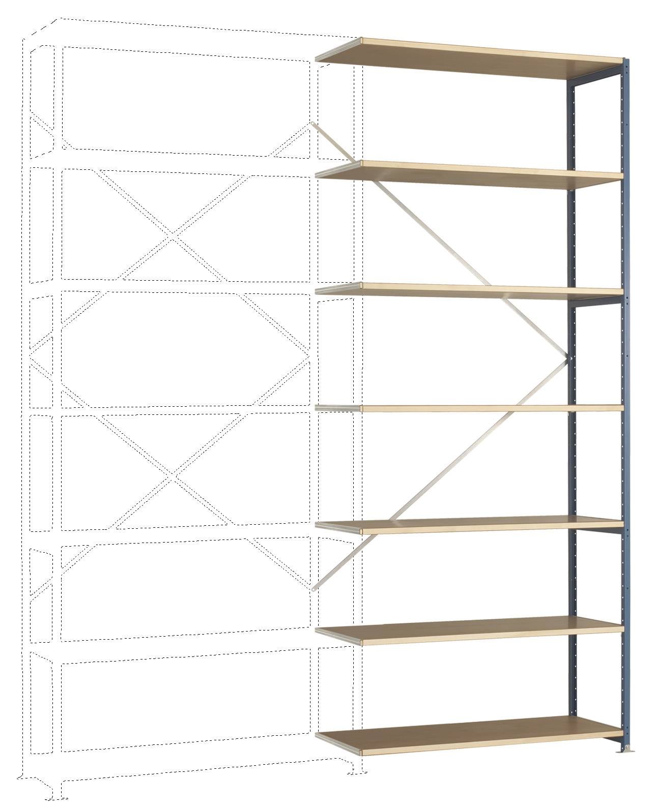 Egy polc nyolc fa polclappal, részben összeszerelve. A jobb oldal látható, a bal oldal a szerkezetet mutatja.