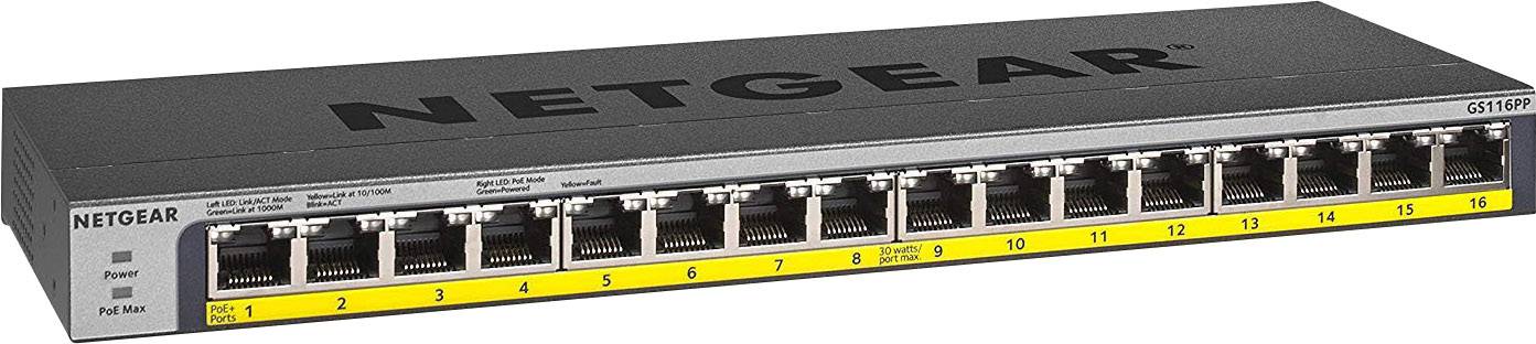 Netgear hálózati switch tizenhat Ethernet-porttal, alkalmas hálózat bővítésére.
