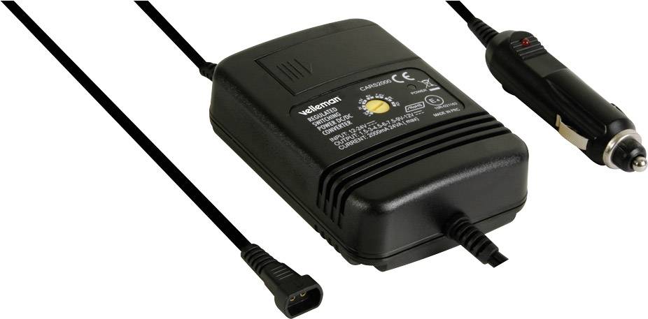 Velleman CARS2000 DC/DC gépjármű feszültségváltó 12 V/DC, 24 V/DC - 1.5 V/DC, 3 V/DC, 4.5 V/DC, 6 V/DC, 7.5 V/DC, 9 V/DC, 12 V/DC/2 A 24 W