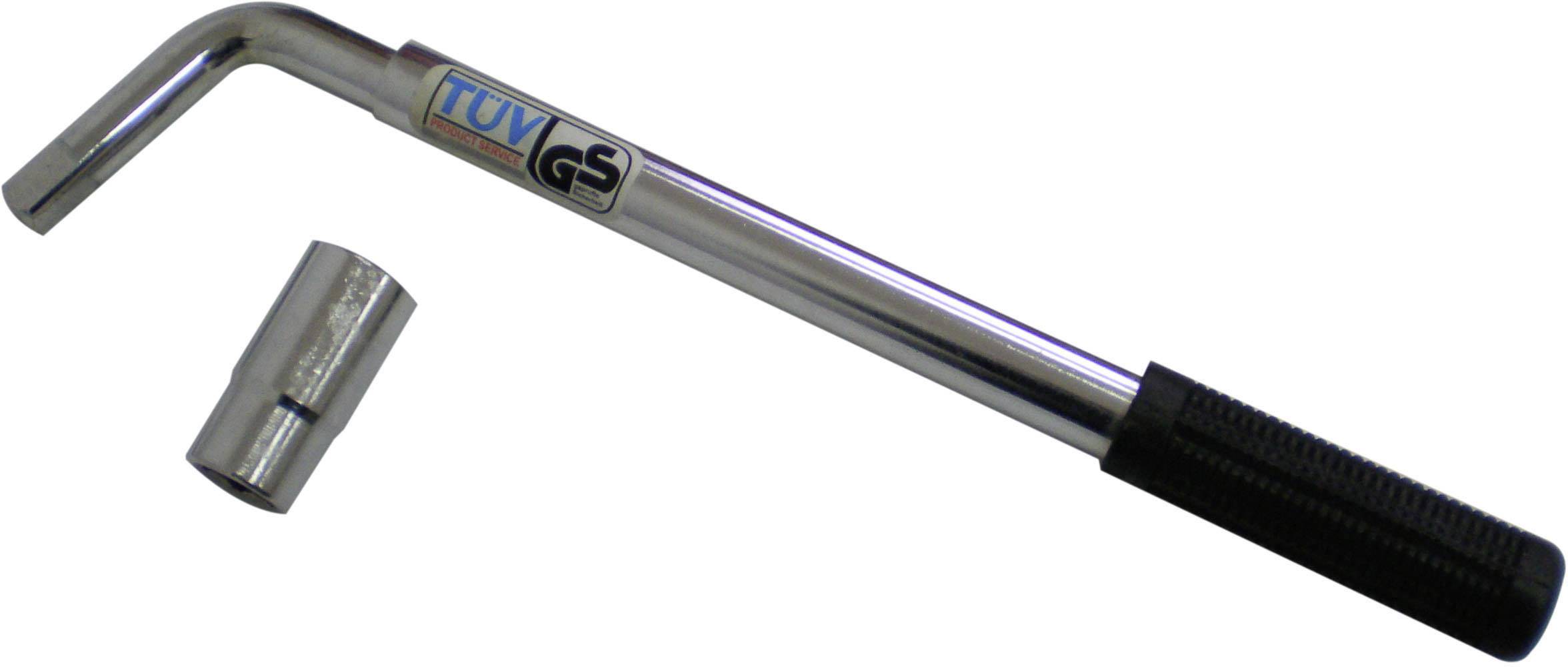 Egy állítható kerékanya-kulcs csatlakoztatott dugófejjel, könnyen kéznél tartva autógumi szereléshez vagy leszereléséhez.