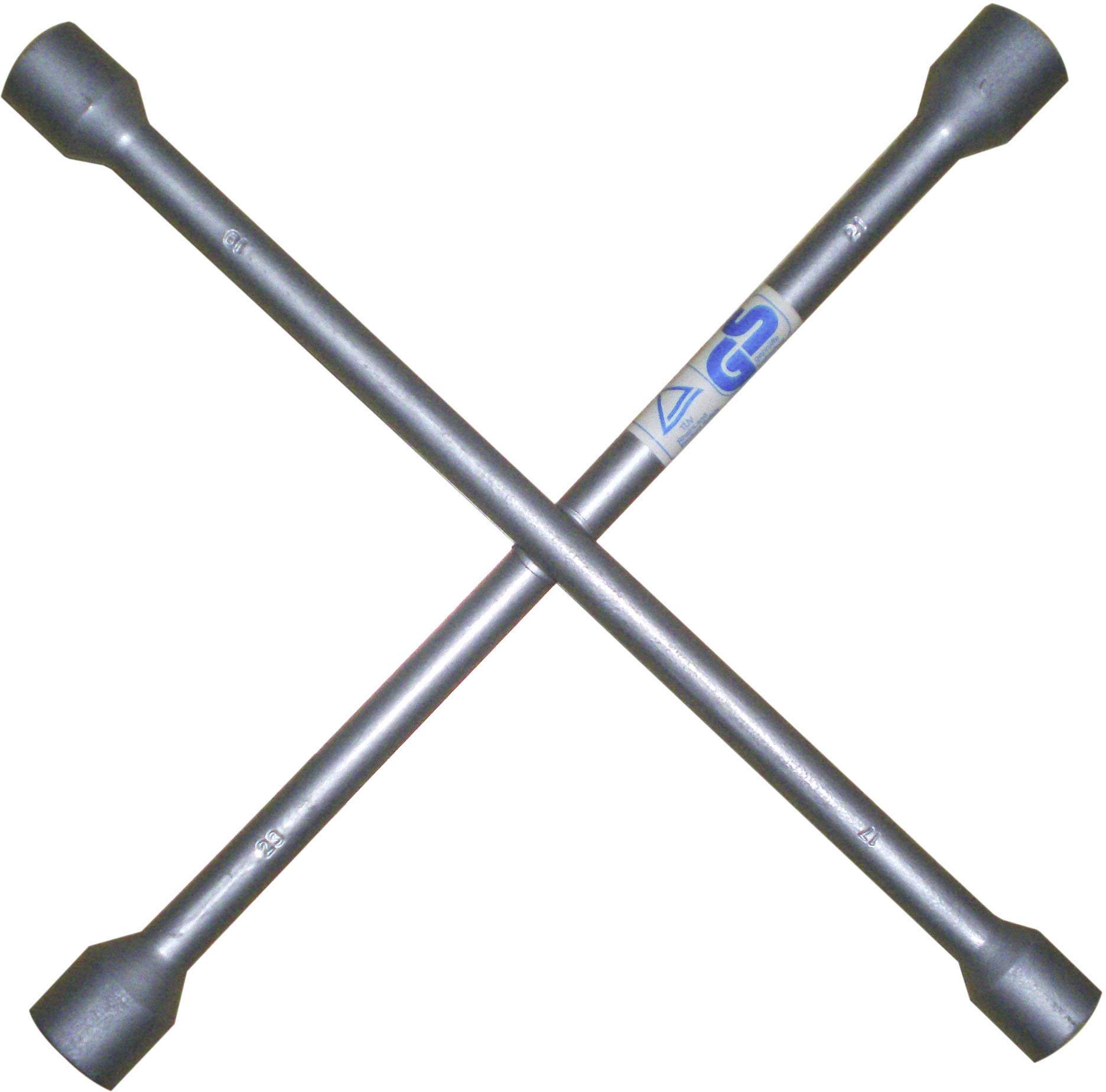 Egy kereszt alakú kerékanya-kulcs két egymásra merőleges fémrúddal, amelyeknek mindegyik végén más-más dugókulcs-betét van.