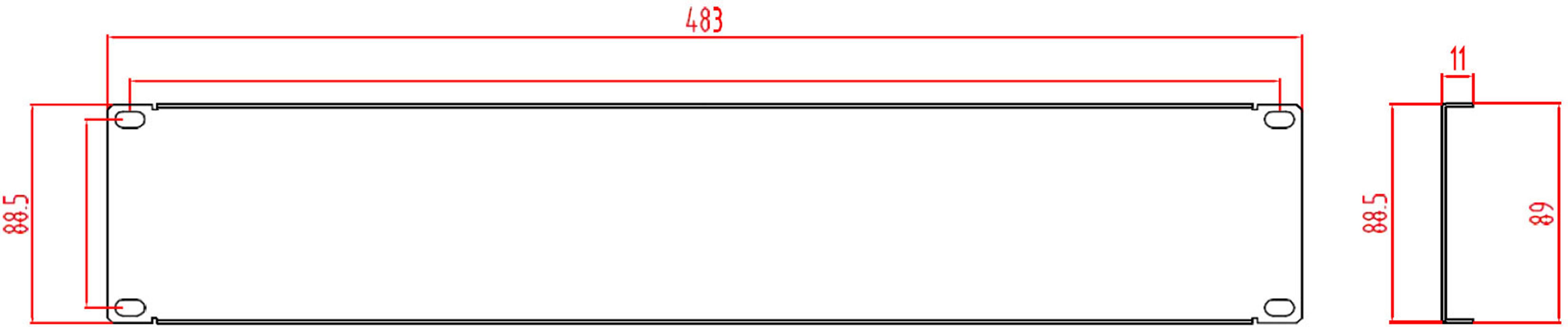 Egy téglalap alakú alkatrész rajza méretekkel: hosszúság 435 mm, szélesség 88,5 mm, magasság 11 mm. Felülnézeti és oldalnézeti ábrázolás.