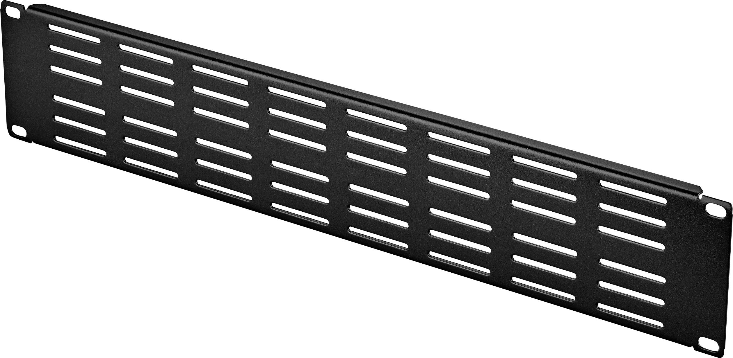 Fekete 1 HE szellőzőnyílásokkal ellátott rack-takaró panel szerver- vagy hálózati eszközök szellőztetéséhez egy rack-szekrényben.