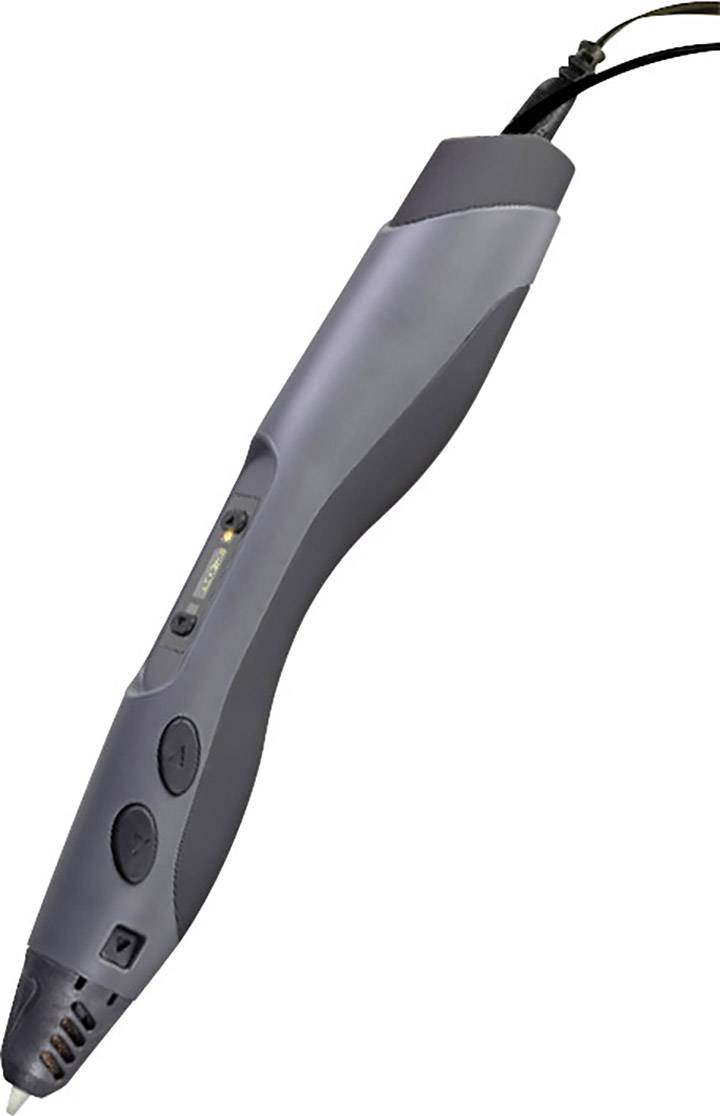 Szürke 3D-nyomtatóceruza ergonomikus kialakítással, több kezelőgombbal és kábellel, amelyet háromdimenziós rajzok készítéséhez használnak.