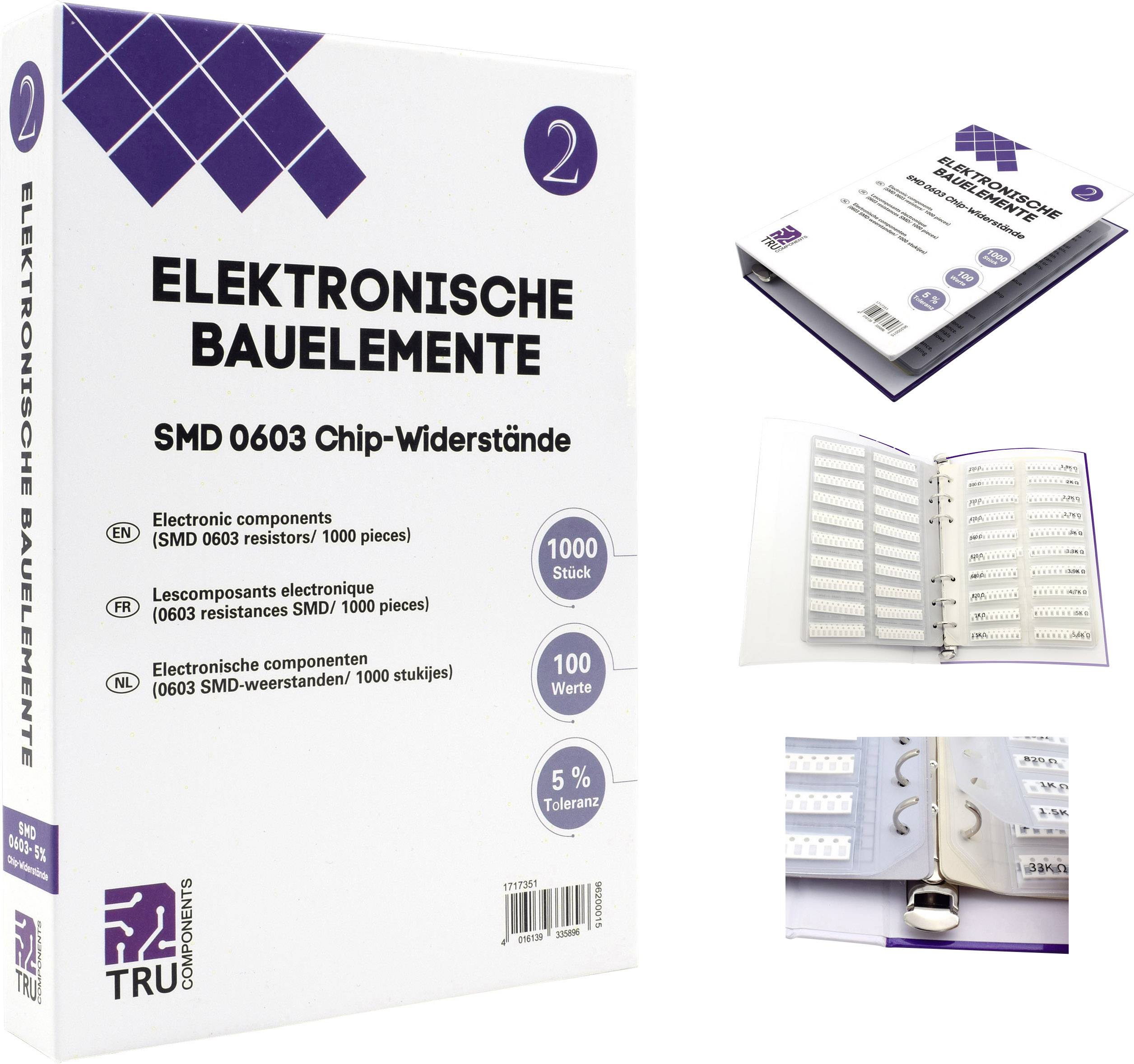 Fehér doboz "SMD 0603 chip ellenállások elektronikai alkatrészek" felirattal. Tartalmaz egy mappát 1000 ellenállással.