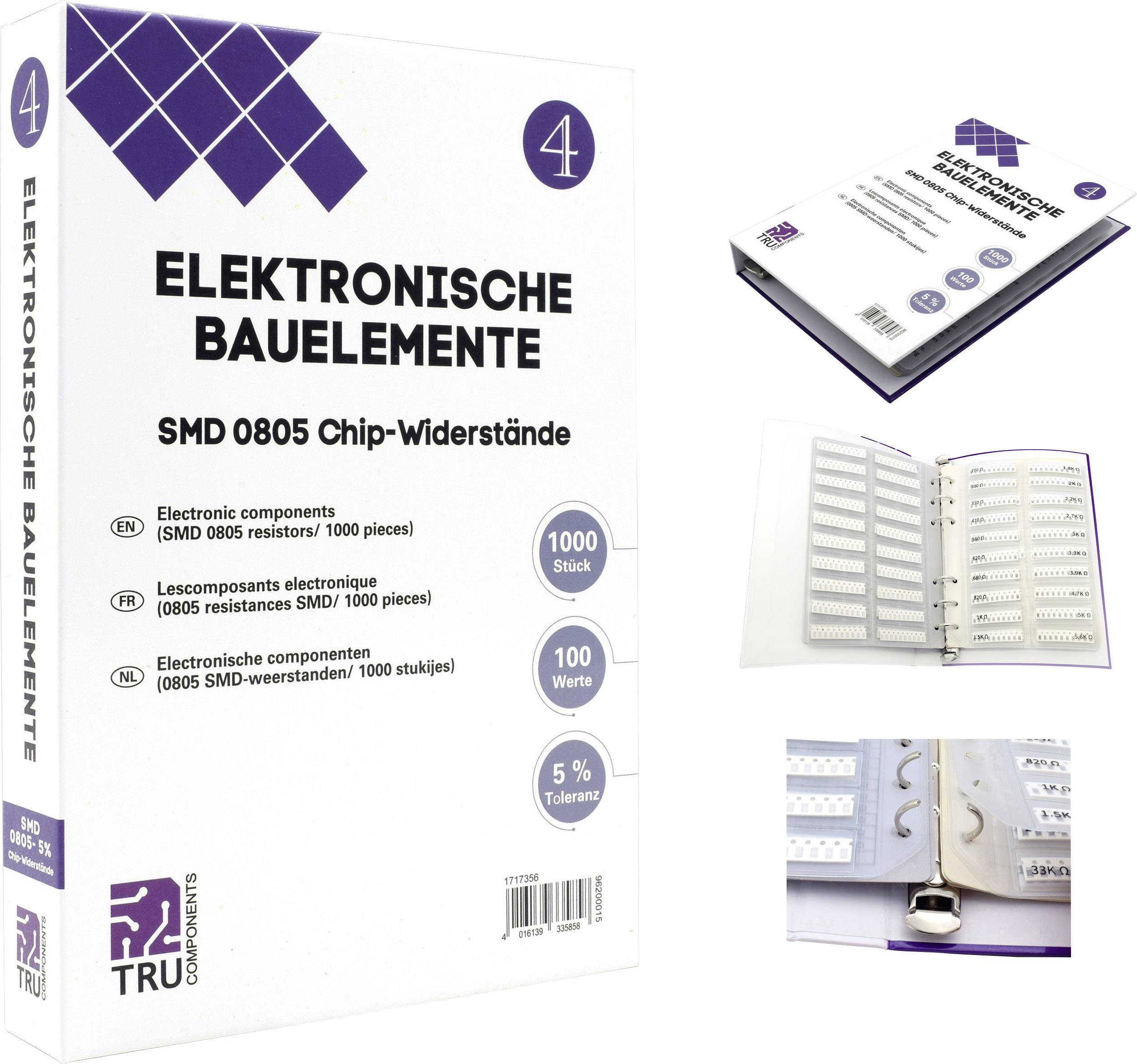 '0805-as SMD chipellenállásokat tartalmazó csomag. 1000 darabot tartalmaz. Tűréshatár: 5%. Elektronikai alkatrészekhez. A fénykép a csomag felnyitott állapotát és belső elrendezését mutatja.'