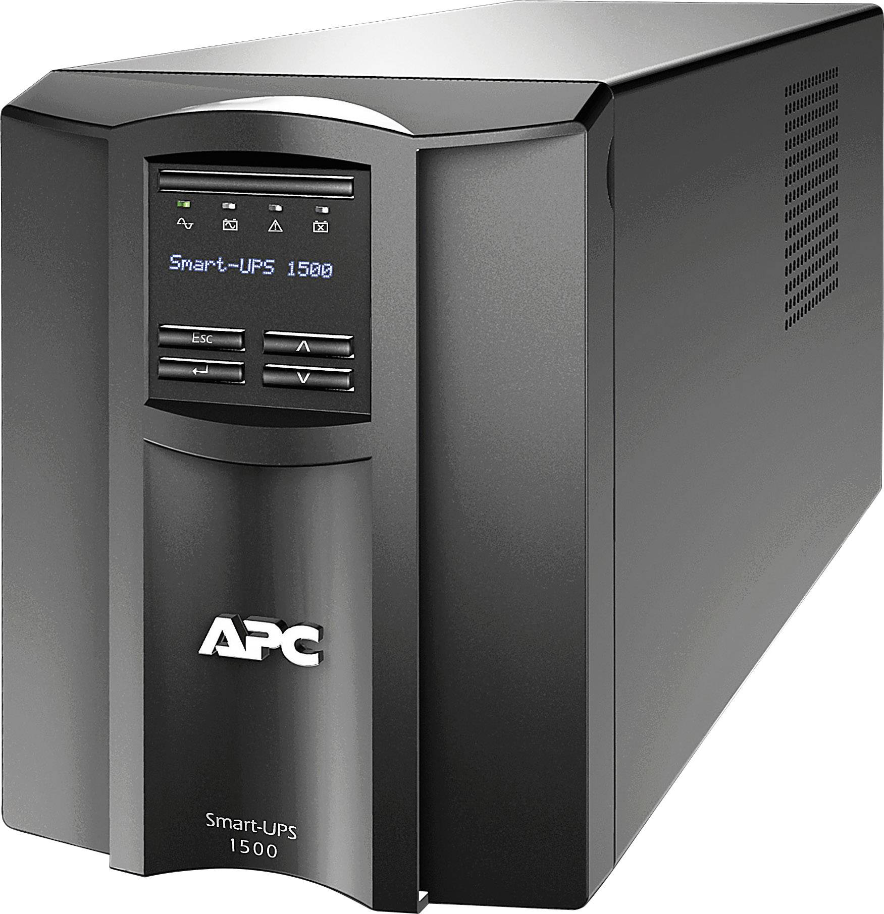 APC Smart-UPS 1500 szünetmentes tápegység. Fekete ház elülső kezelőpanellel és kijelzőkkel.