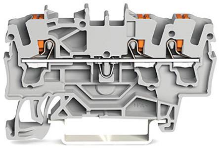 Egy szürke elektromos sorkapocs keresztmetszete oldalsó nyílásokkal és narancssárga rögzítőmechanizmusokkal.