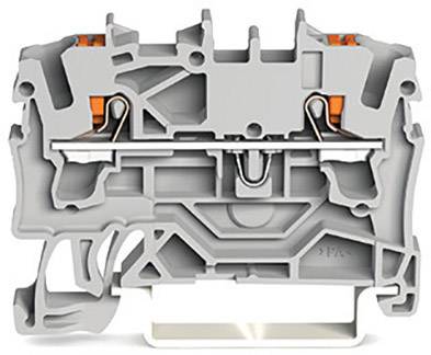 Egy szürke csatlakozóblokk keresztmetszete narancssárga elemekkel, amely bemutatja a belső mechanizmust és konstruktőri részleteket.