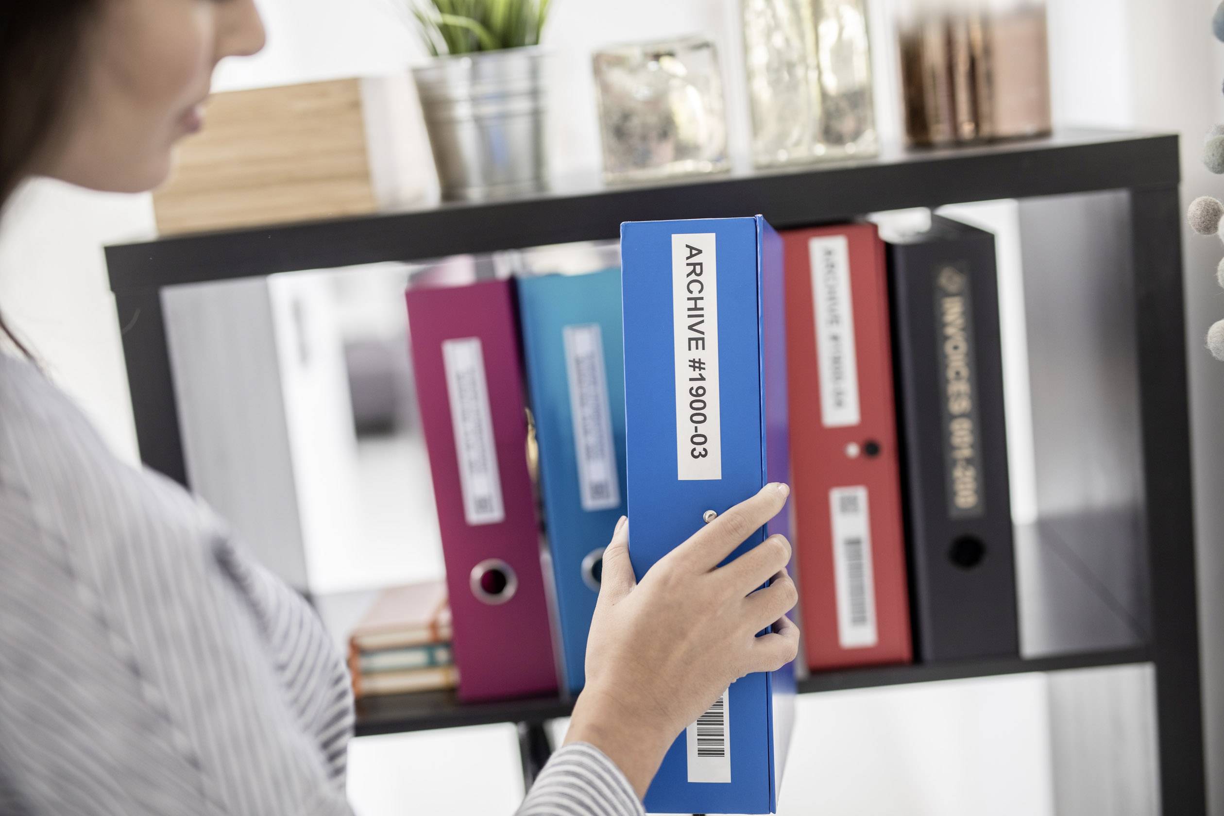 Egy személy egy kék mappát vesz le egy polcról, amelynek felirata 'ARCHÍVUM #1900-03', a többi iratrendező között.