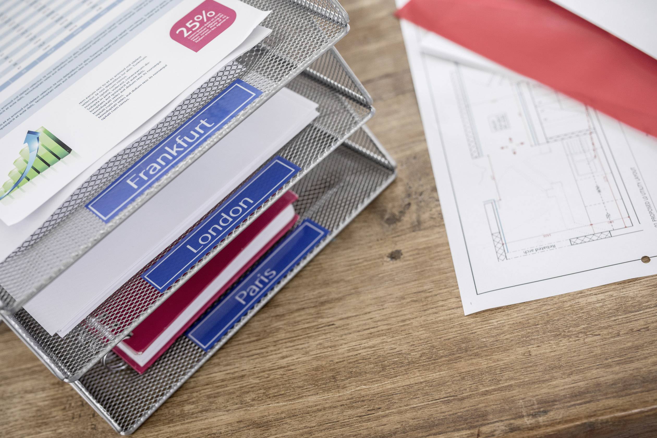 Irodaszervezés egy asztalnál három mappával, amelyek "Frankfurt", "London" és "Párizs" felirattal vannak ellátva, mellettük épülettervek.