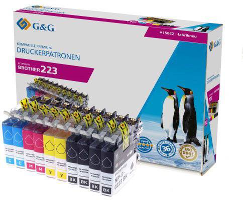 G&G márkájú, Brother 223 nyomtatóhoz kompatibilis tintapatron csomag. A képen tíz patron látható különböző színekben.