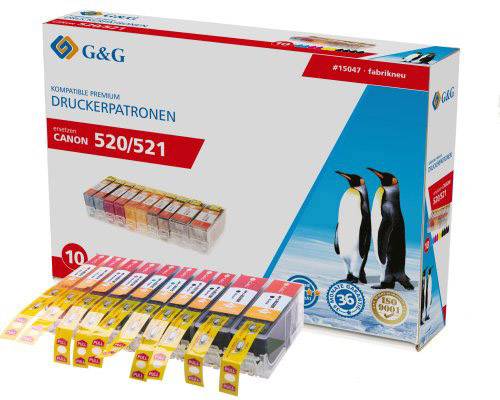 Egy G&G nyomtatópatron csomag Canon 520/521 típushoz, tizenegy különböző színű patront mutat, amelynek hátterében pingvinek láthatók.