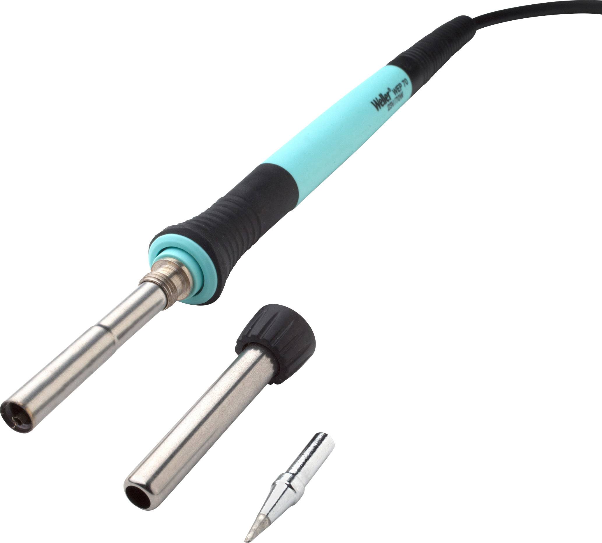 Egy forrasztópáka, amely egy nyélből és cserélhető hegyekből áll, fehér háttéren fekszik. Kék és fekete színű.