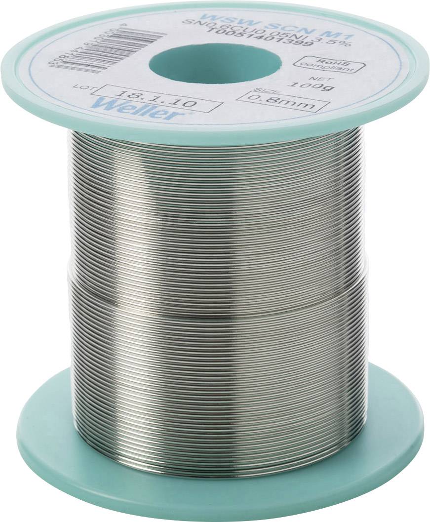 Forrasztózsinór egy tekercsen zöld végekkel, ezüstszínű huzaltekercs látható. A márkanév és a specifikációk felül olvashatók.