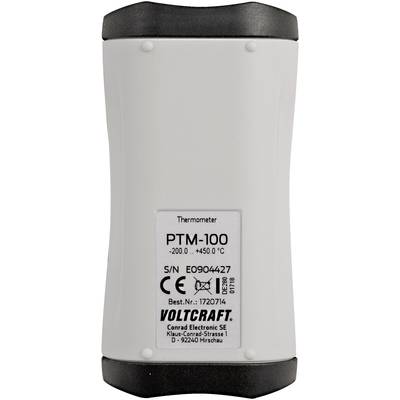 Hőmérő PTM-100, hőmérsékletmérési tartomány -200°C-tól 450°C-ig, gyártó Voltcraft, sorozatszám, CE-jelölés látható.