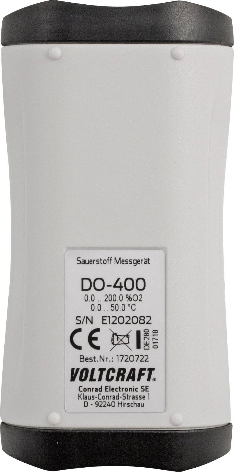 Egy hordozható oxigénmérő készülék, Voltcraft DO-400 típus, CE-jelöléssel és E1202082 sorozatszámmal.