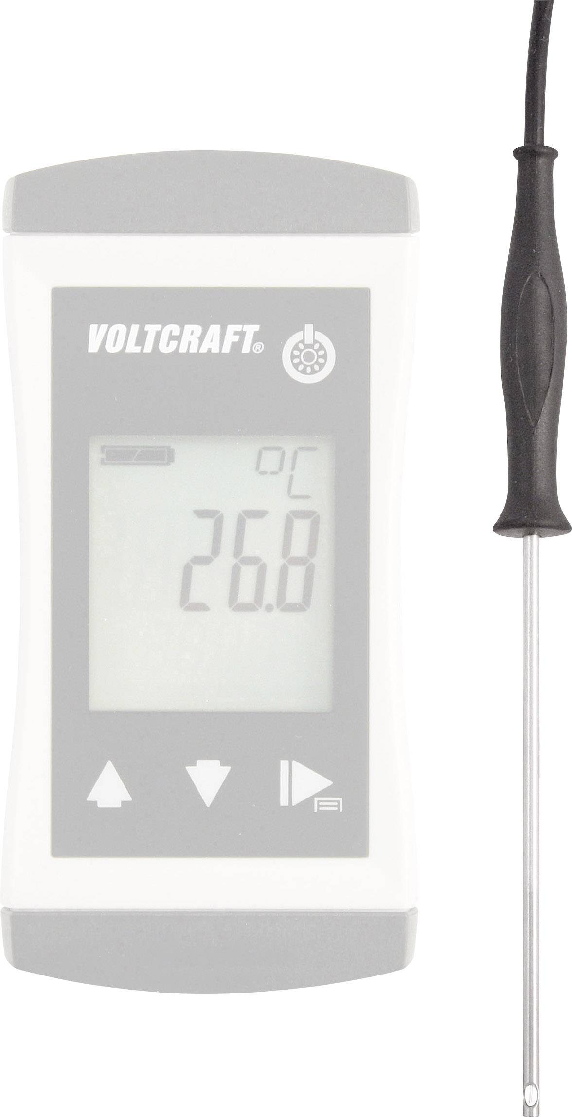 A hőmérő 26,8 fok Celsius-t mutat, egy digitális kijelzős eszköz, amelyhez egy fekete szonda van csatlakoztatva jobbra.