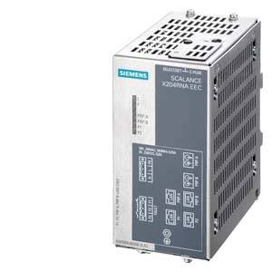 Egy szürke Siemens SCALANCE X204RNA EEC hálózati kapcsoló több csatlakozóval, a logóval balra fent, ipari felhasználásra.