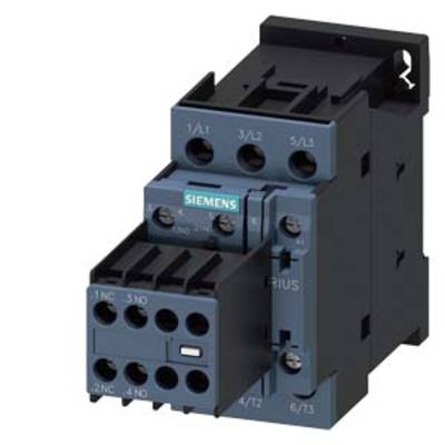 Egy fekete és kék Siemens kontaktor ipari alkalmazásokhoz, több csatlakozóhellyel és jelölésekkel az elektromos csatlakozásokhoz.
