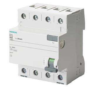 Siemens FI-védőkapcsoló, 4-pólusú, névleges áram 63A, 30mA. Elektromos berendezésekben áramvédelmi célokra használatos.