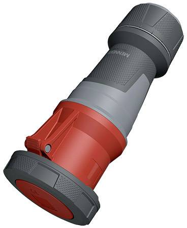 Egy piros és szürke ipari csatlakozó adapter, oldalára fektetve, robusztus kialakítással, megnövelt biztonság és tartósság érdekében.