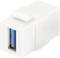 Egy fehér, téglalap alakú USB-keystone-adapter kék USB-csatlakozóval, amelyet USB-portok patchpanelekbe történő integrálásához használnak.