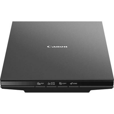 Lapos, fekete Canon szkenner elülső oldalán PDF, Automatikus szkennelés, Másolás és Küldés szimbólumokkal.
