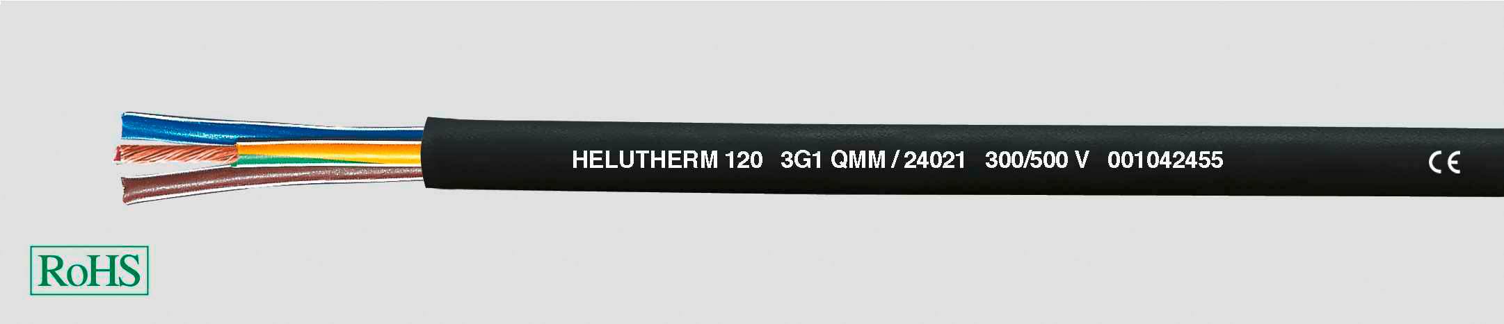 Egy többeres kábel, amelynek felirata: 'HELUTHERM 120 3G1 QMM 24021 300/500 V 00104255'. RoHS-megfelelőségi jelzés balra.
