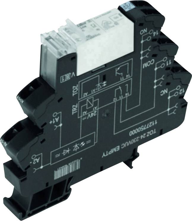 Egy fekete elektronikai alkatrész, valószínűleg egy relé modul, fehér csatlakozási felülettel felül és műszaki diagramokkal a felületén.