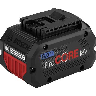 Bosch ProCORE18V 8.0 Ah Akkumulátor: Fekete, kompakt akkumulátor elektromos szerszámokhoz. Piros és szürke részletek; tartós és nagy teljesítményű.