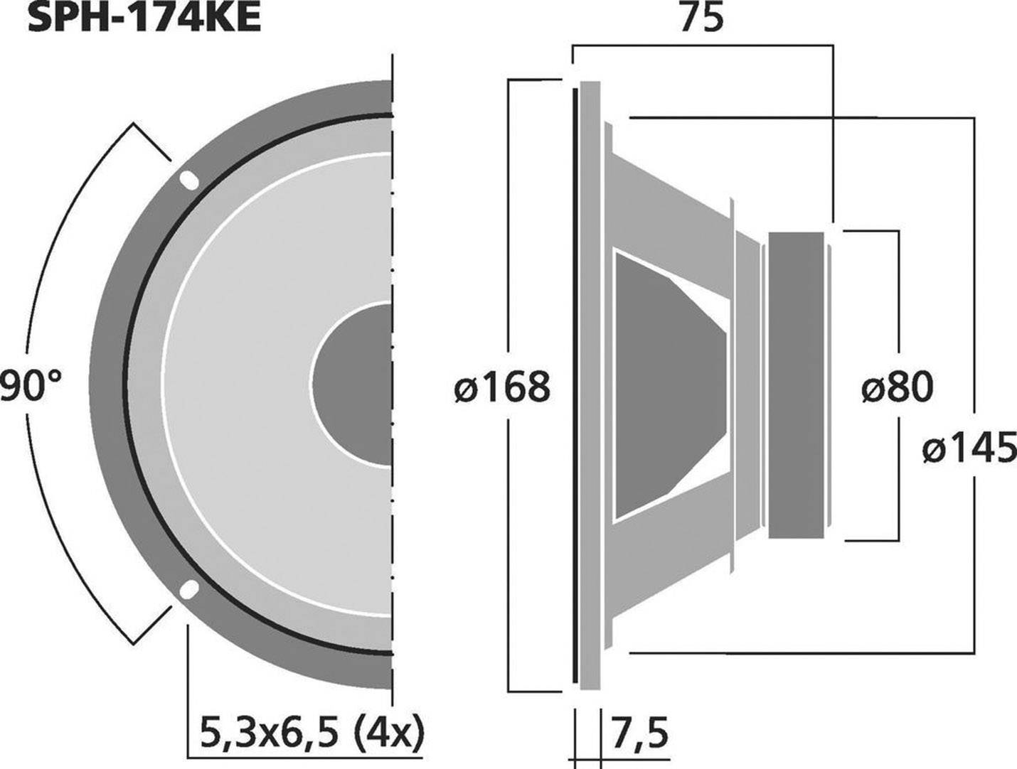 Hangszóró metszeti rajza méretekkel: 168 mm átmérő, 75 mm mélység, négy 5,3x6,5 mm-es lyukkal a rögzítéshez.