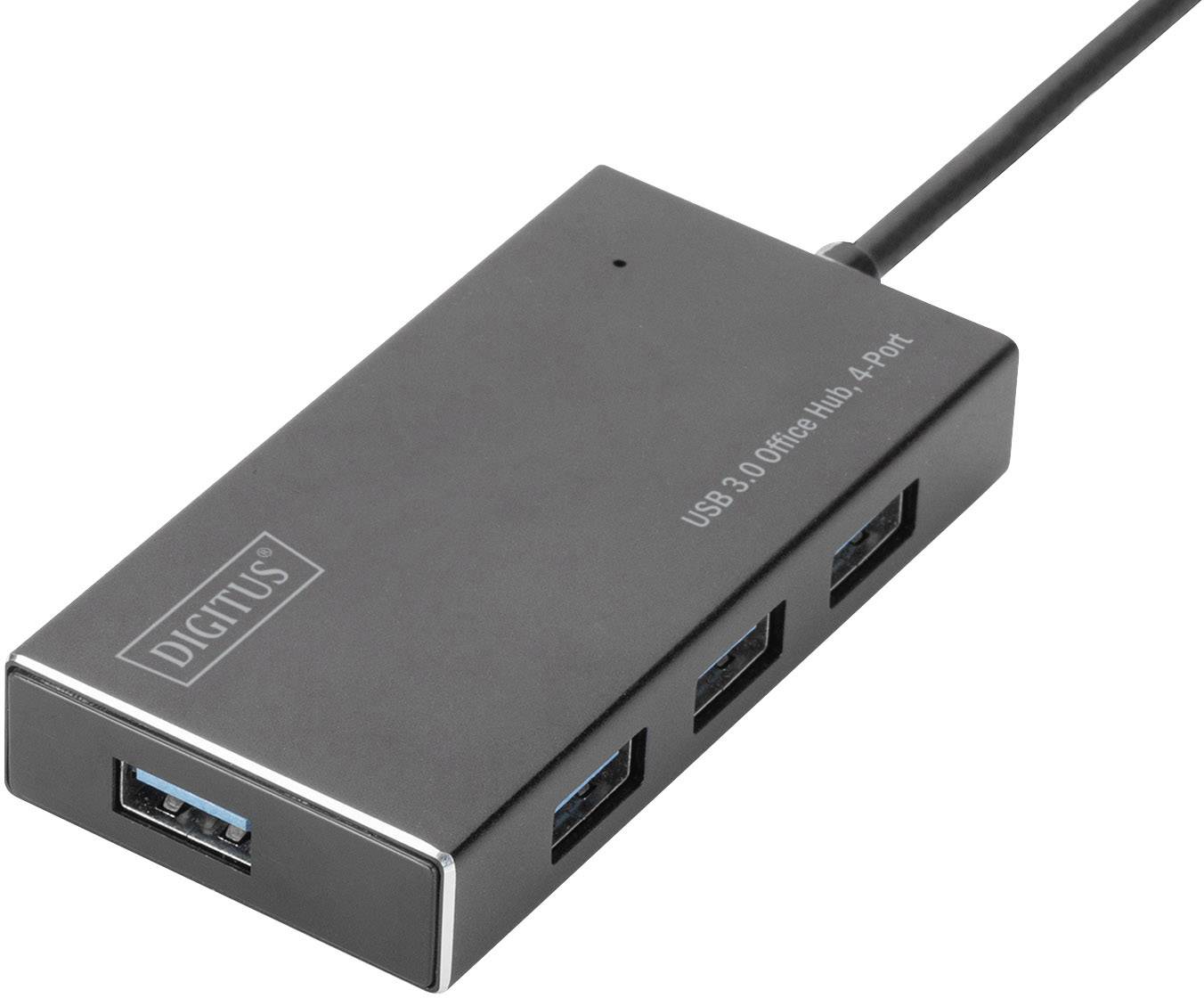 Egy fekete USB 3.0 elosztó négy csatlakozóval és a 'DIGITUS' felirattal.
