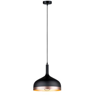 Fekete mennyezeti lámpa kerek ernyővel és arany belső borítással. Vékony kábellel felfüggesztve. Modern, letisztult design.