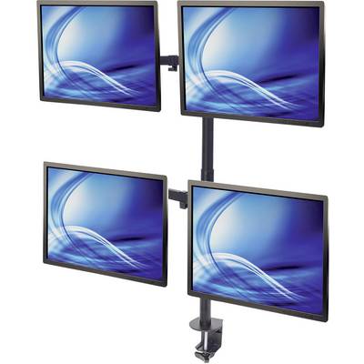 Négy számítógép-monitor egy tartóra szerelve 2x2-es rácsban helyezkedik el. Mindegyik képernyő egy kék, absztrakt dizájnt mutat.