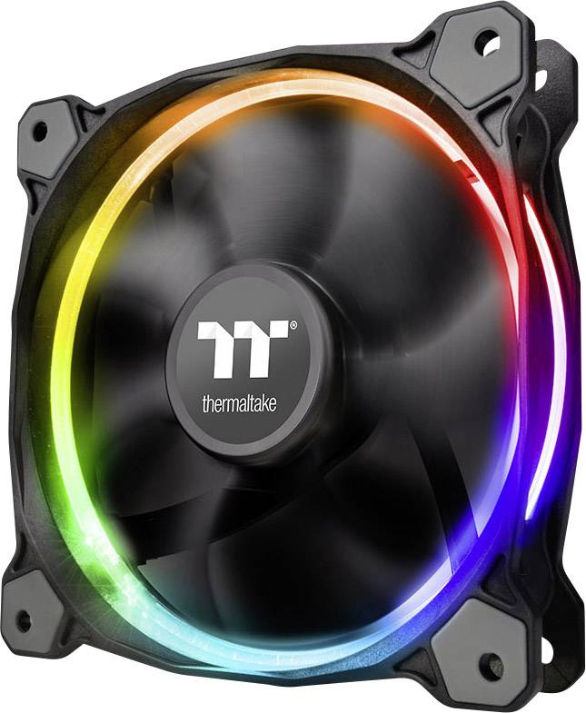 Egy Thermaltake számítógépes ventilátor RGB-megvilágítással, amely szivárványszínekben világít.