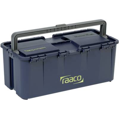 Sötétkék szerszámosláda fogantyúval, rajta sárga 'raaco' és 'compact' felirat. Alkalmas szerszámok szállítására és tárolására.