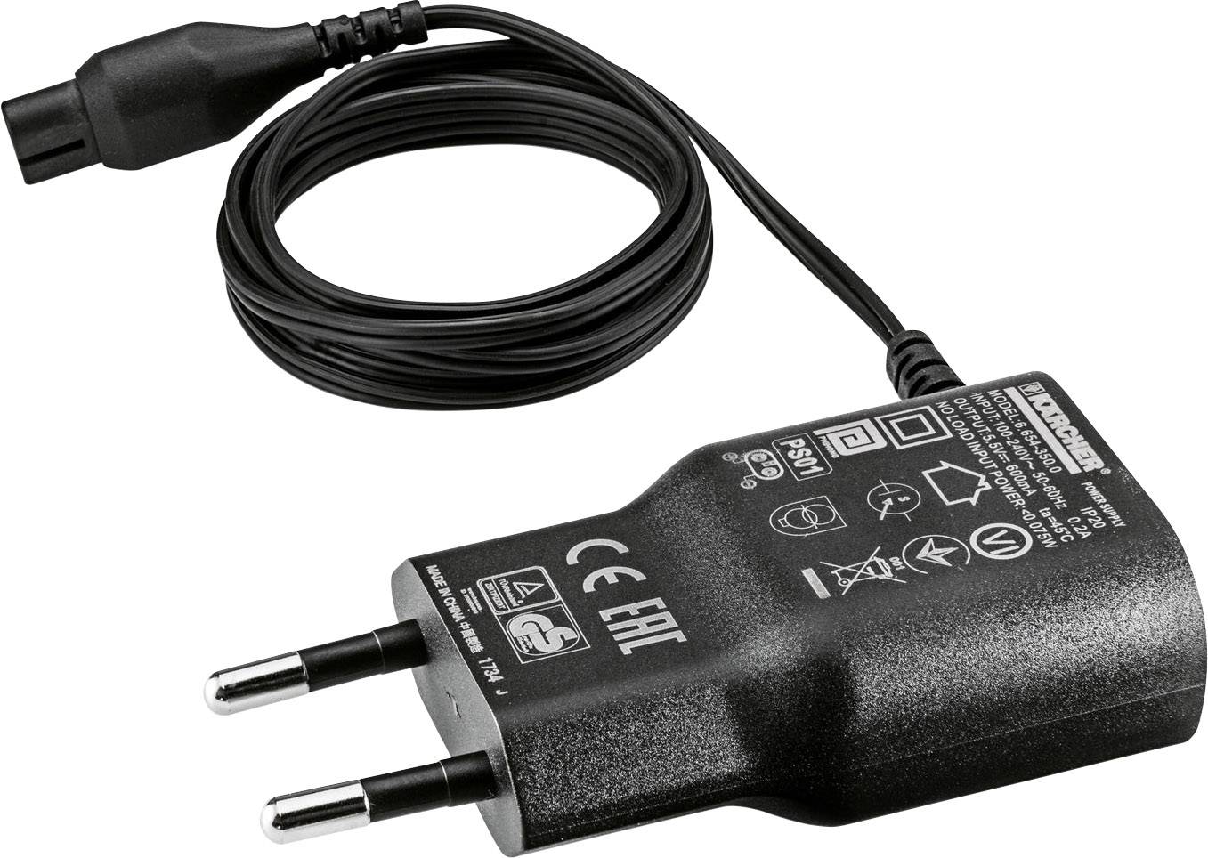 Fekete hálózati tápegység EU-s csatlakozóval és hosszú kábellel, elektronikus eszközökhöz alkalmas. A jelölések és biztonsági figyelmeztetések jól láthatóak.