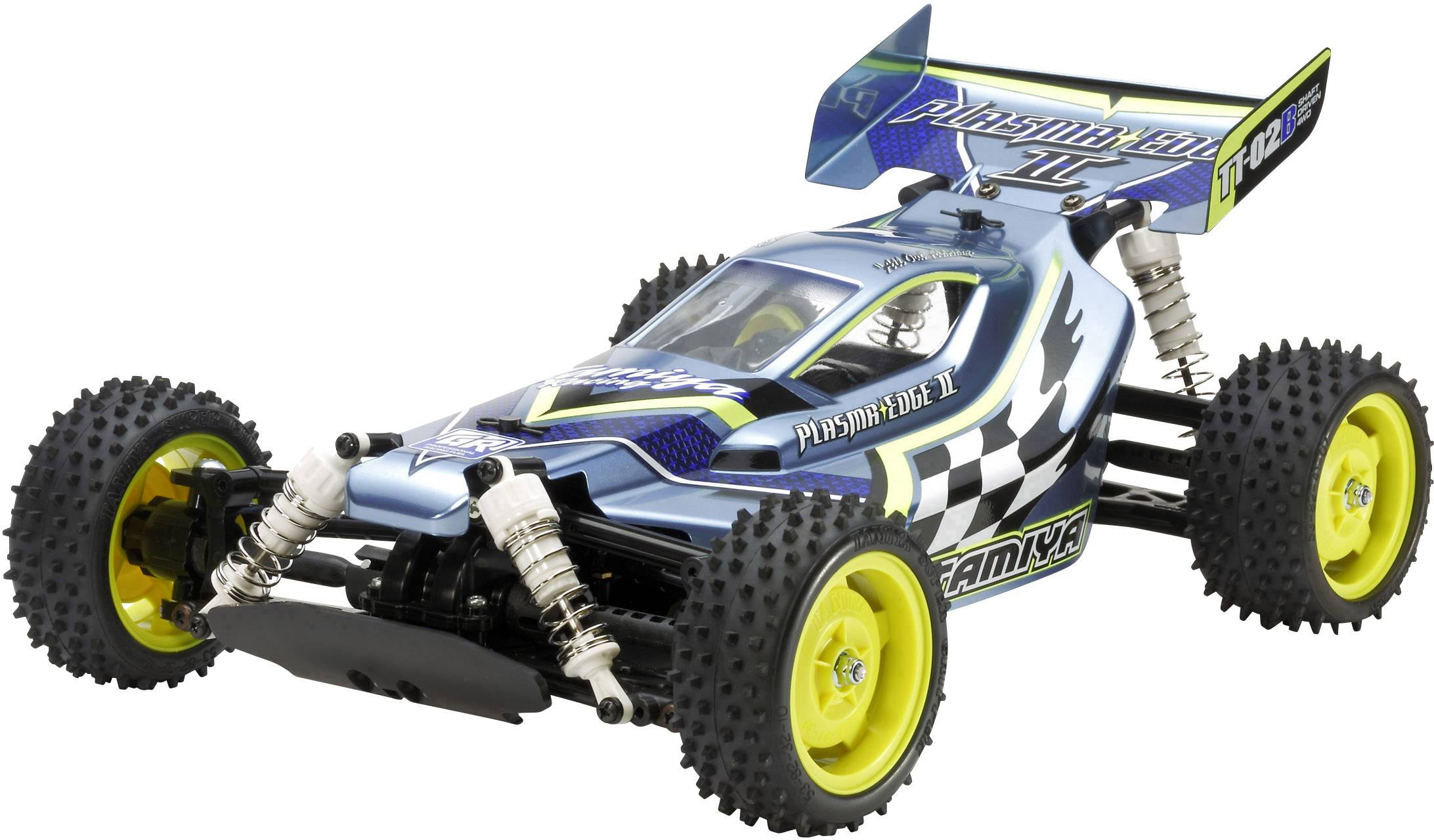 Egy kék-fehér távirányítós buggy sárga kerekekkel.