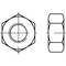 Műszaki rajz egy hatszögletű anyáról: Elölnézet mutatja a hexagonális formát, oldalnézet bemutatja a menetprofilt.
