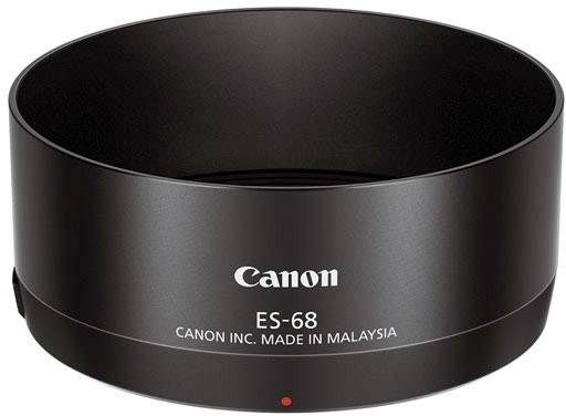 Canon ES-68 objektív napellenző, hengeres formájú, fekete színű, fehér 'Canon ES-68 Canon Inc. Made in Malaysia' felirattal.