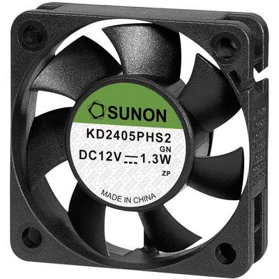 'Fekete SUNON számítógép ventilátor, KD2405PHS2 modell, DC 12V, 1,3W, Kínában gyártva, négyzet alakú, zöld címkével.'