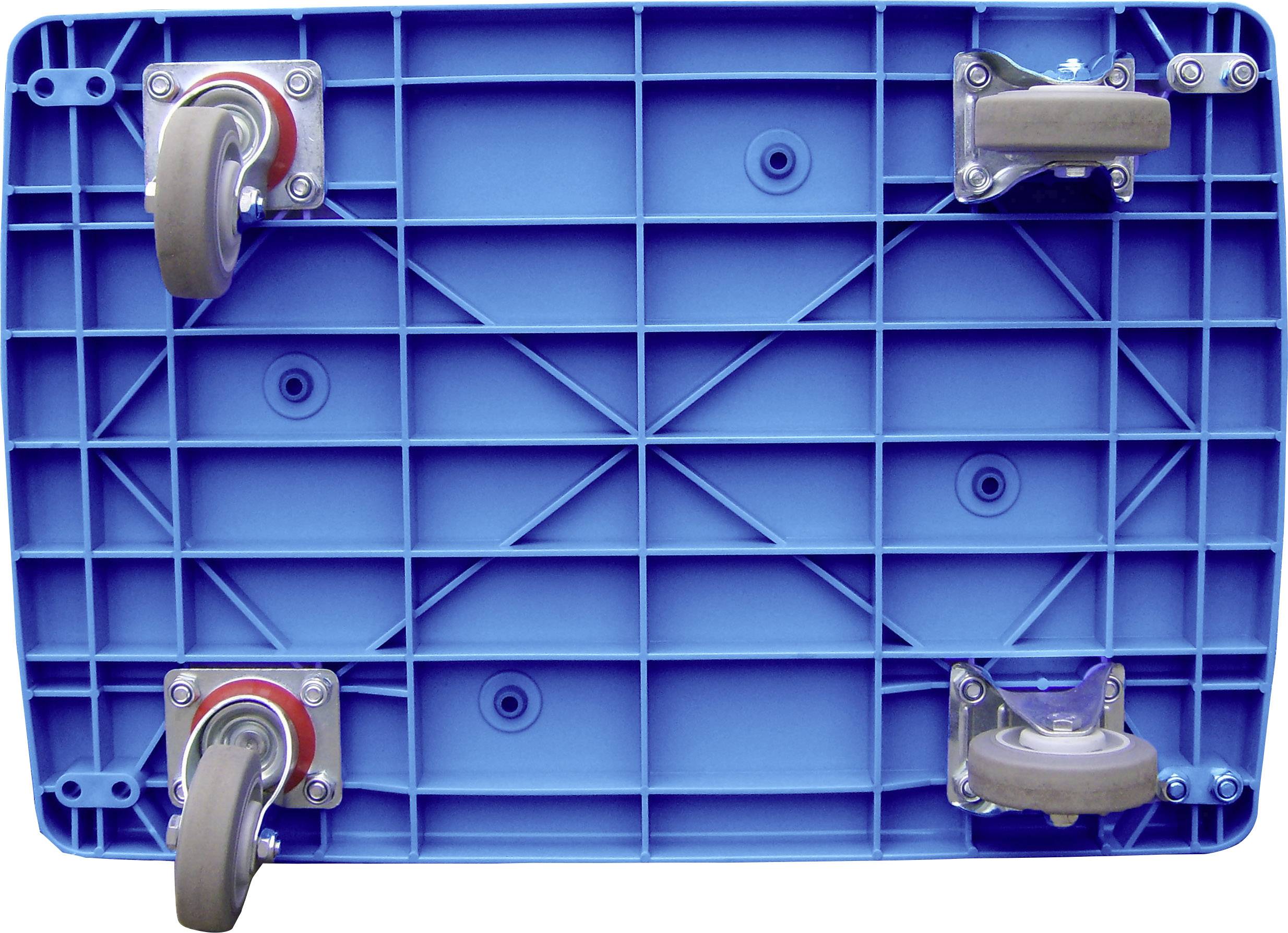 Kék platform négy kerékkel, két forgó és két rögzített kerékkel, alulnézetben.