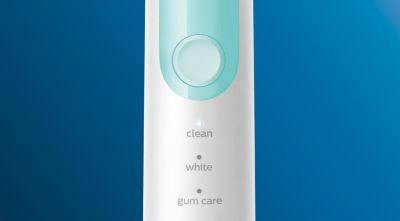 Elektromos fogkefe három tisztítási móddal: 'clean', 'white' és 'gum care'. Minimalista dizájnnal rendelkezik.